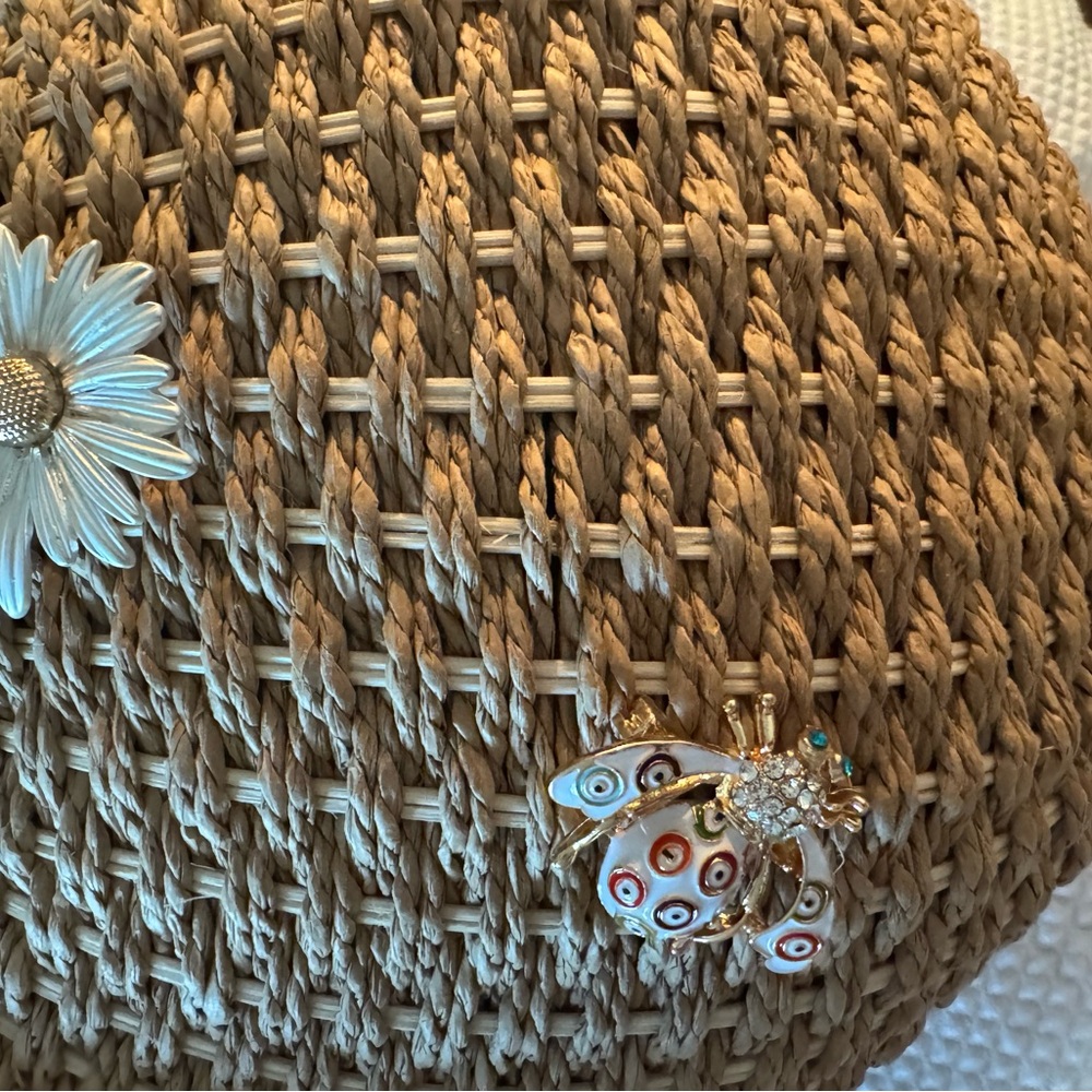 Elegant beige Woven straw bag with 🌼 daisy and bumble bee 🐝 broaches. - Picture 5 of 11